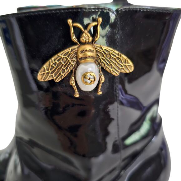 Gucci Lois Bee Block Heel Ankle Short Boot Size 38 US 8 Patent Black Leather - Picture 5 of 16